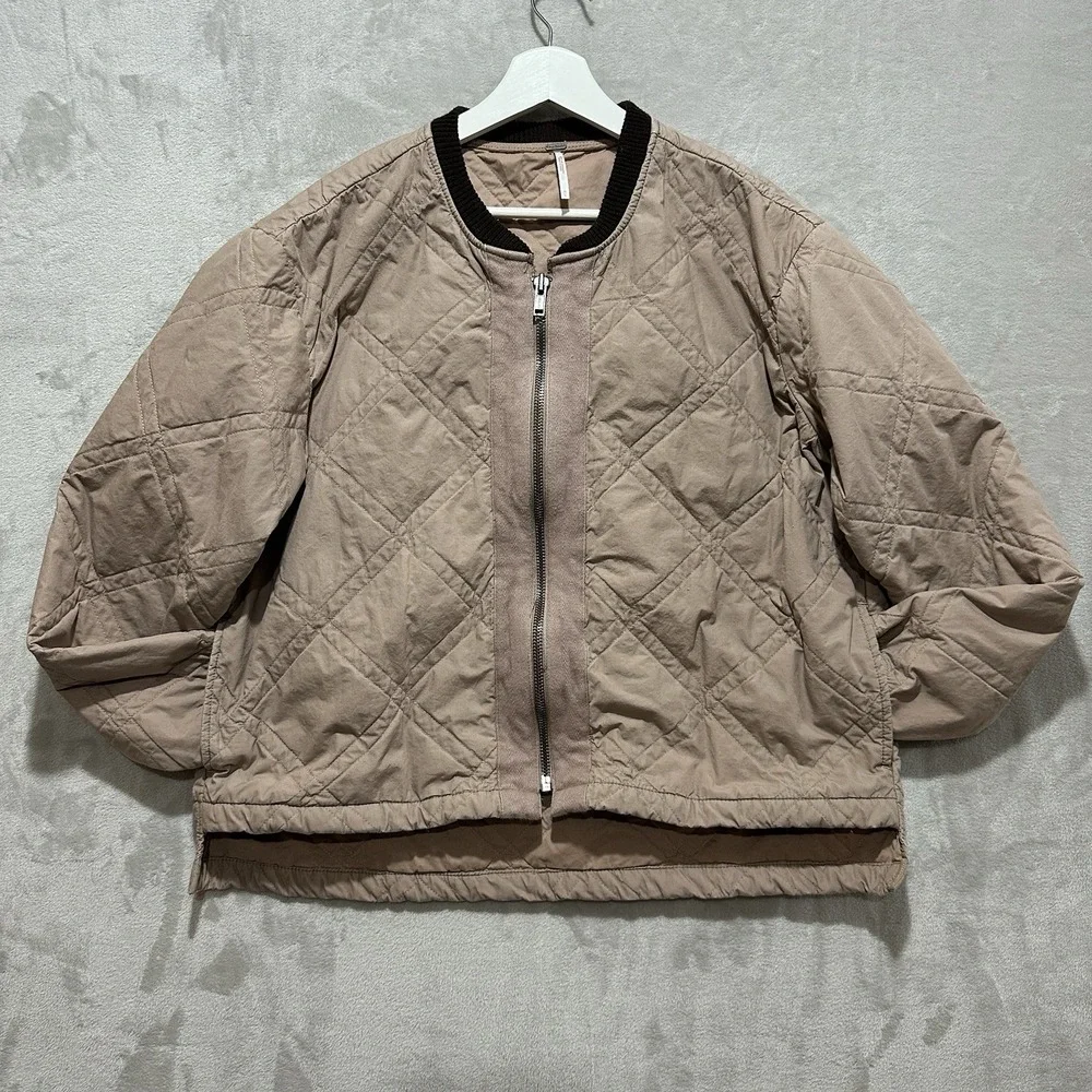 Free People Quilted Linear Bomber Jacket Blush Women's M Long Sleeve Ribbed Cuff